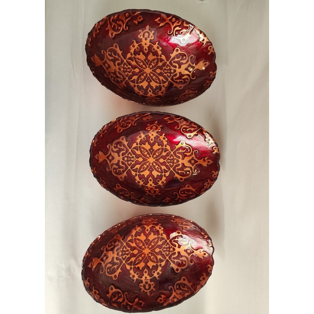 Set of 3 Ruby Red and Copper Embossed Glass Oval Decorative Bowls Damask Pattern